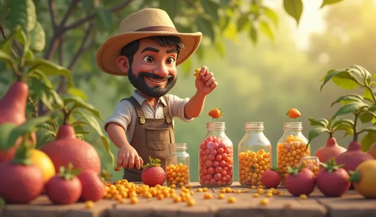 Create animated 3D style.A farmer is separating passion fruit seeds with beautiful and realistic fruits, By putting pets in bottles the farmer is happy and seems focused on the task, showing the intention to solve the problem.