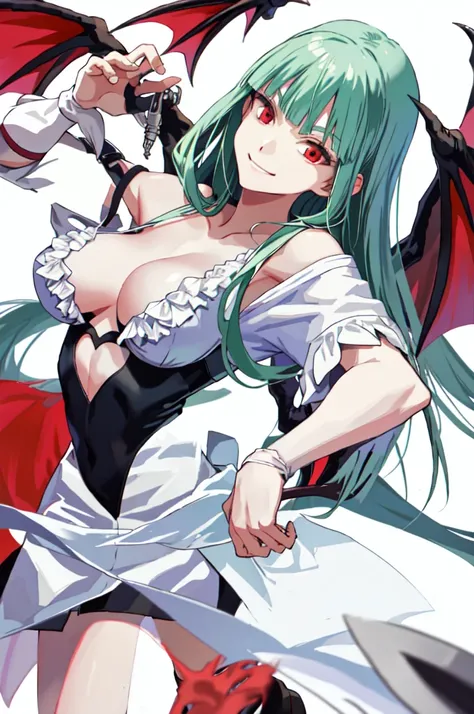 high resolution、1 person、Morrigan、 Adult Female、 has an evil smile、evil smile、  most detailed，miniskirt、White Nurse uniform、Hospital room、 hospital 、Nurse