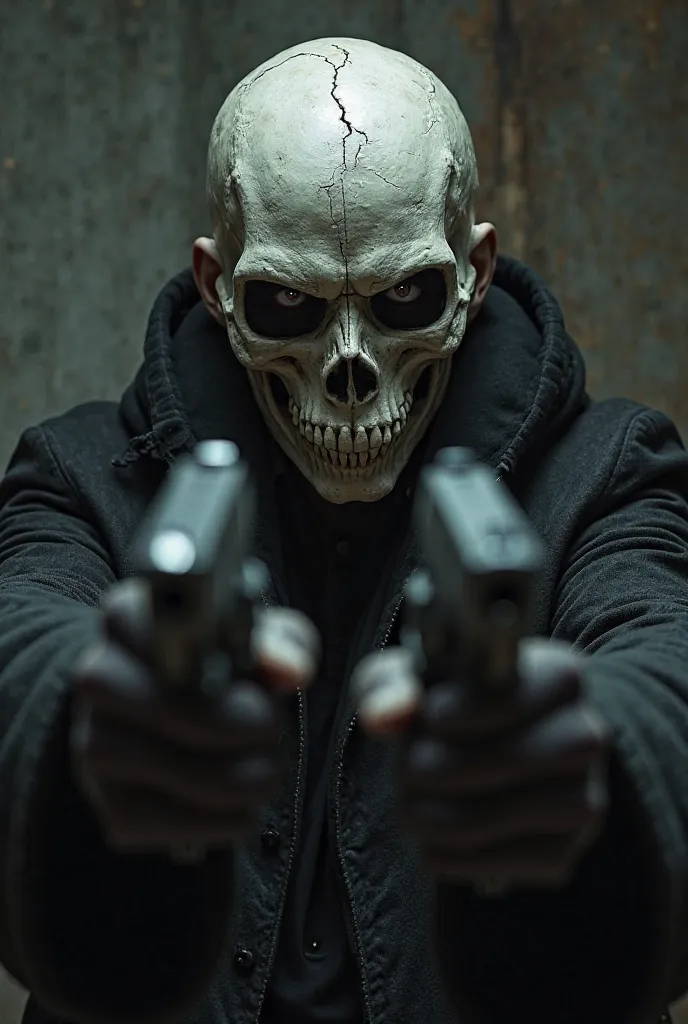 Man wearing a skull mask with two pistols with a crack on his head bonel black brown eyes , Leave him with more open arms 