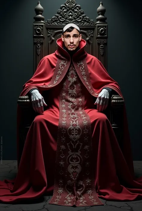 Man in red Gothic church dress seated on throne black background looking forward 