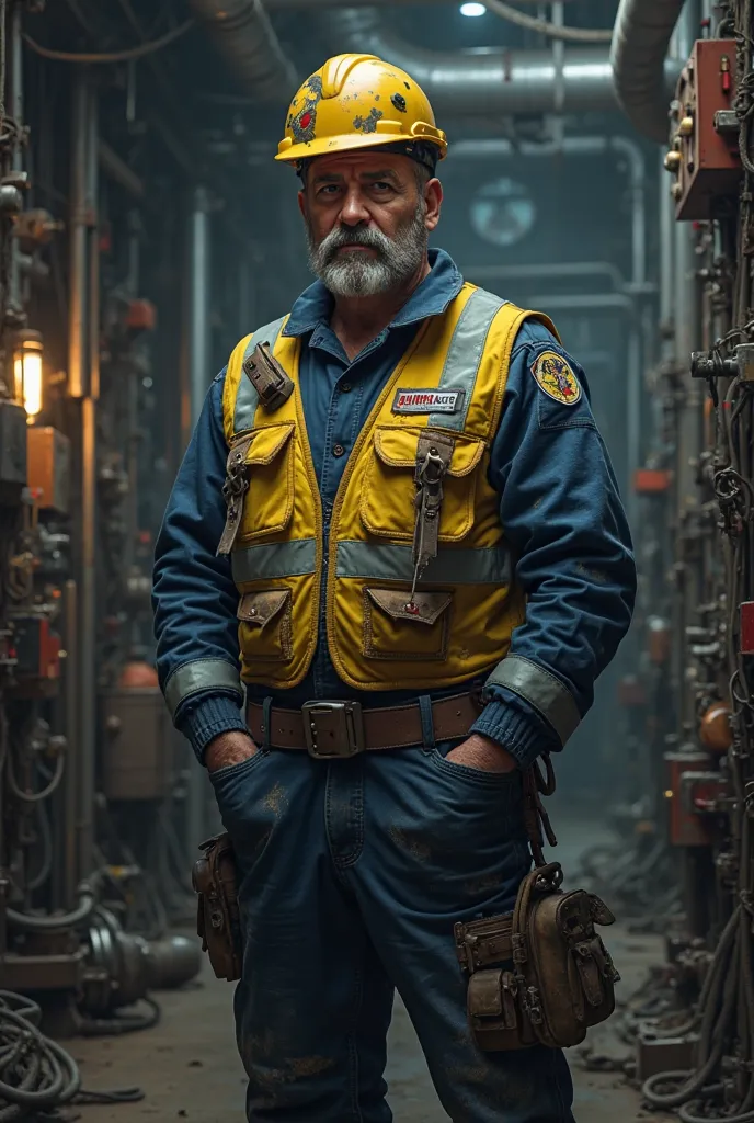 Create a man with a short beard in an electrician's suit with a helmet and safety vest