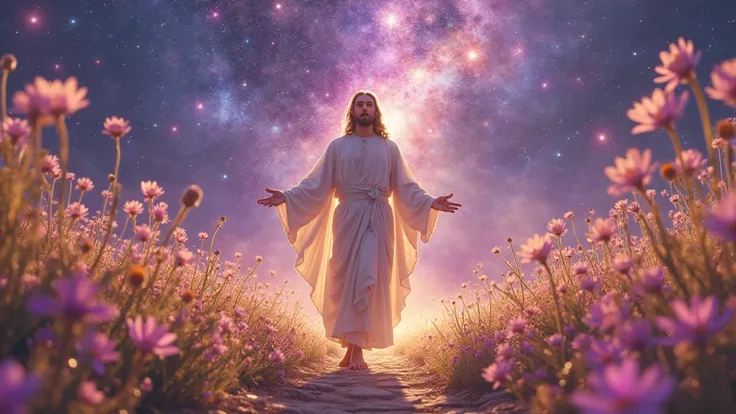 "A divine figure resembling Jesus Christ, dressed in an elegant flowing white robe, standing in a heavenly garden filled with glowing flowers and golden light. The landscape is otherworldly, with vibrant bioluminescent plants and streams of shimmering ligh...