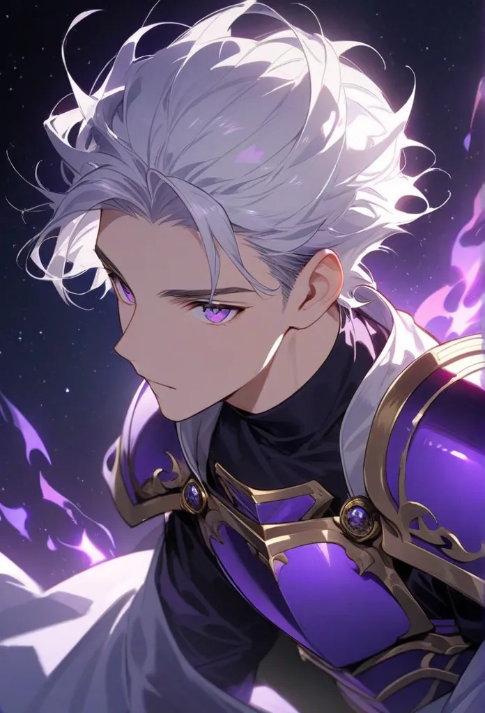  young adult Greek man with short white hair,  hair shaved on the sides, Curtain cropped hair style,  Violet Eyes, wearing Greek armor all in purple that protects the entire body, wearing a simple turtleneck blouse under his armor, purple armor, Hand point...