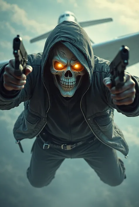 Man wearing a skull mask with two pistols with a crack on his head bonel black brown eyes , Leave him with open arms when he jumps out of a plane 