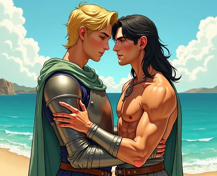 Creates an illustration of two men from the 15th century. King Thanael and his knight Aldric embracing. Thanael has blond hair with defined waves that reach his chin, has freckles on their cheeks and their faces are androgenic but still masculine, he has a...