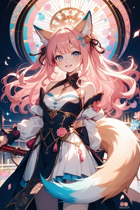 Overall view of a pink twin-tailed human fox