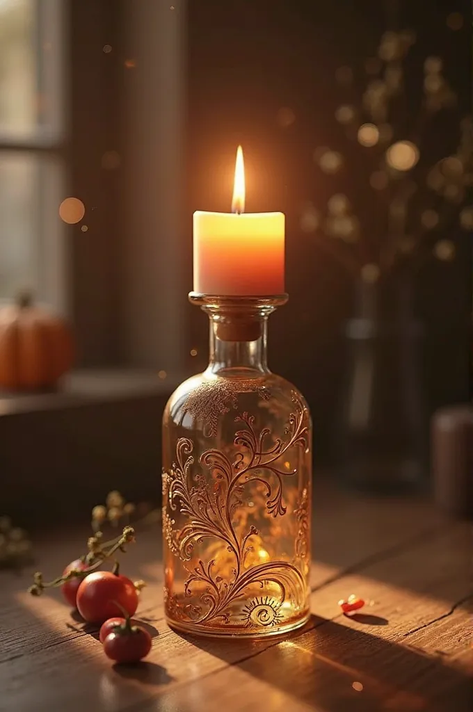 hello. Create a candle on the top of a transparent wine bottle, so that. Besides, decorate it with varnish outside the bottle, alluding to the smell of wood from the woods, is exposed you can add other creative decorations that enhance the elegance.