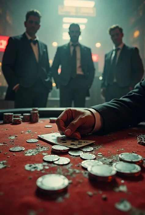 "Weathered casino table littered with scattered cards and chipped stacks, a lone dealer’s hand clutching a worn-out ace, towering silhouettes of wealthy gamblers in sharp suits looming in the smoky background, neon glow cutting through dark shadows, gritty...