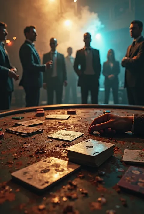 "Weathered casino table littered with scattered cards and chipped stacks, a lone dealer’s hand clutching a worn-out ace, towering silhouettes of wealthy gamblers in sharp suits looming in the smoky background, neon glow cutting through dark shadows, gritty...