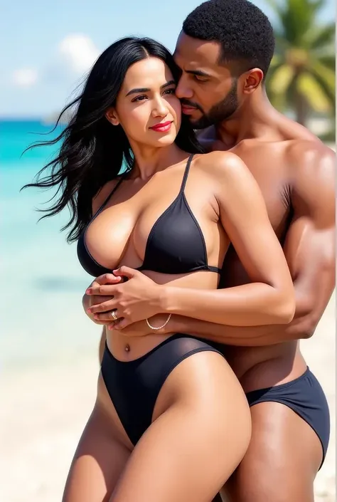 suks in bikini with strong african man, detailed facial features, sensual expression, dynamic posture, muscular figure, tropical beach background, golden hour lighting, cinematic camera angle, vibrant colors, photorealistic, 8K, HDR, physically-based rende...