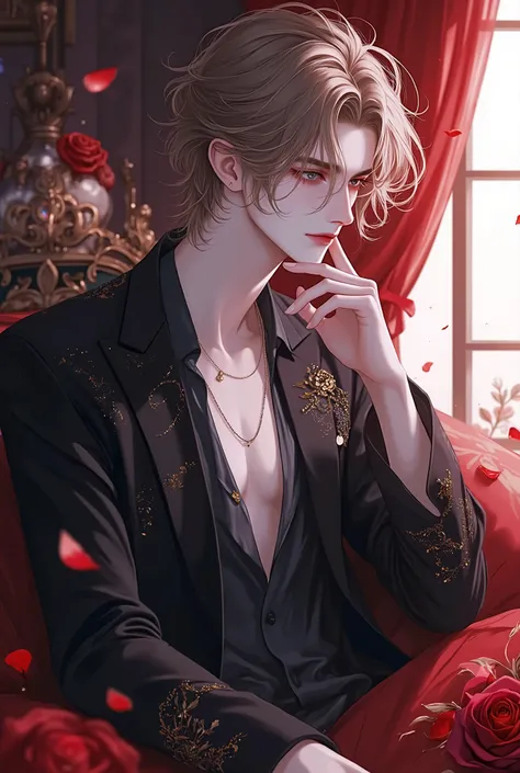 A beautiful villain man falling into darkness in an animated illustration、Dark King 、 beautiful and handsome 、 bright background 、 colorful background 、hope、good night、 kindness 、light、 expressionlessで睨む、 Black Rose 、僕は君をgood nightしてるよ、20 years old、 expr...