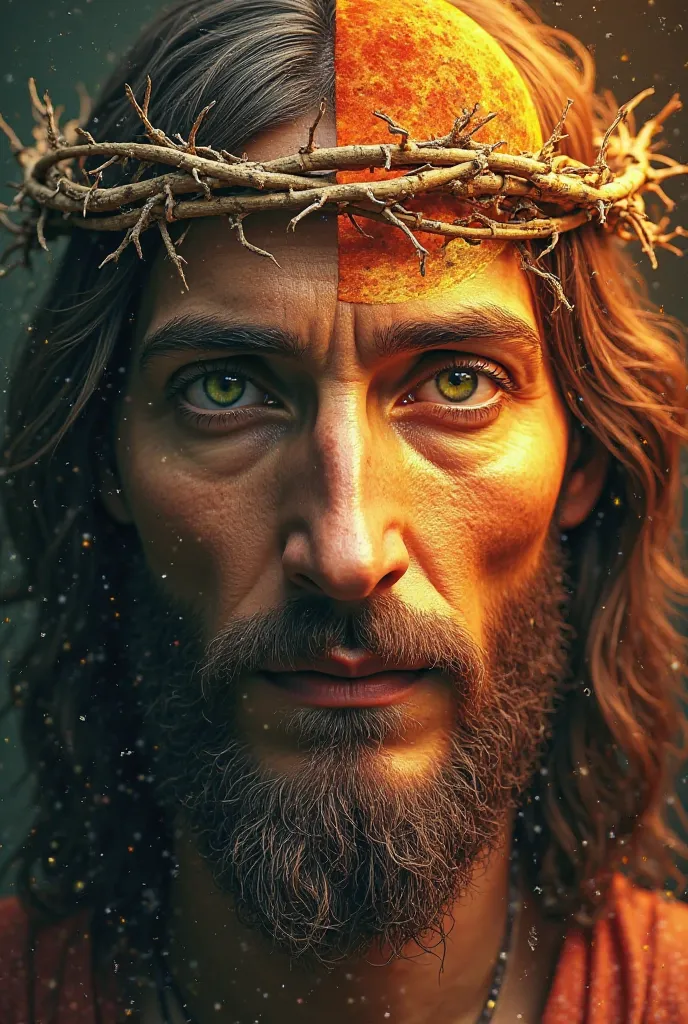 Create an image of the Moon on one side and the Sun on the other and the realistic face of Jesus Christ in the center of the two ,Jesus with the green eye beard and a crown of thorns looking at the camera 