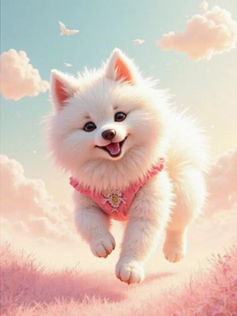 A pure white Samoyed dog is running in light pink clothes