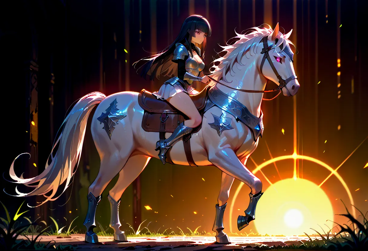 ((best quality)), ((anime masterpiece)), (high detailed), 8k, cinematic lighting, perfect face, female knight riding a HORSE, (KJOsakuya, black hair, pink eyes, hime cut, long hair, medium breast, cleavage), (silver armor, silver pauldron, white miniskirt,...