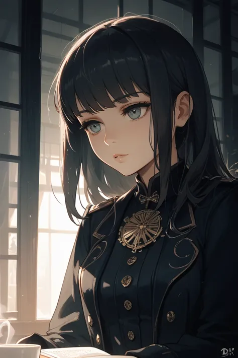  background is a simple room。A cute girl with dark, dark vibes who seems to be withdrawn like an ISFP with black hair。The hair is long and has bangs。Late 20s。 B cup