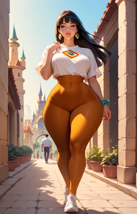 Chel, The Road to El Dorado ao lado de um homem forte, Walking on the sidewalk with folds and a castle in the background, 1girl,1boy, girl large butt, thick thighs, thin waist, Realistic, 