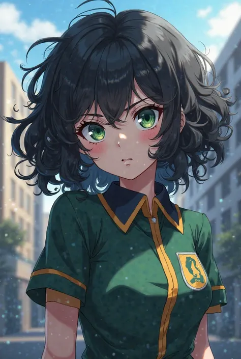 Create an anime inspired image. (A curly-haired girl type 3A. Black hair color. green eyes.  pale skin. Wearing Boku's UA uniform in Hero Academia. Background a city in daylight,  angry expression. Small bust. traits from the anime Boku no Hero Academia) A...