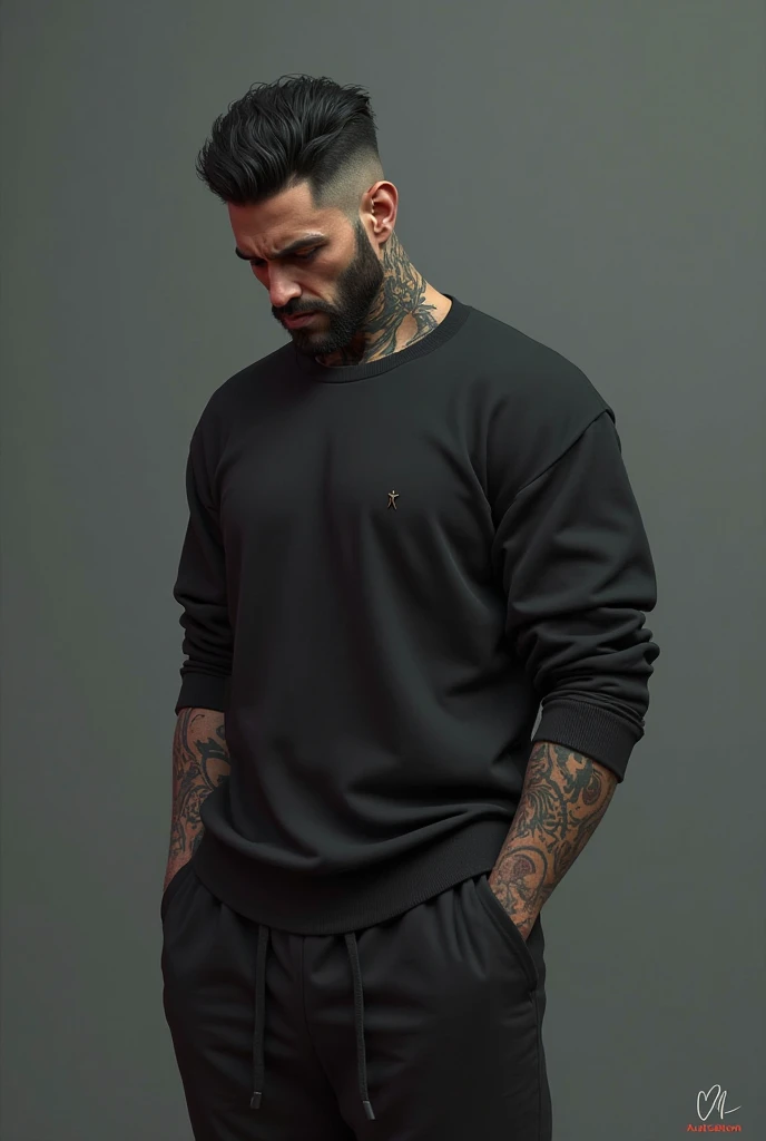 Create a 3D illustration featuring a handsome and realistic 34-year-old man, short black hair, trimmed beard, Muscular, with tattoos, busy with a sad face in front . The character must be wearing black sweatpants and a black sweatshirt , with a woman dress...