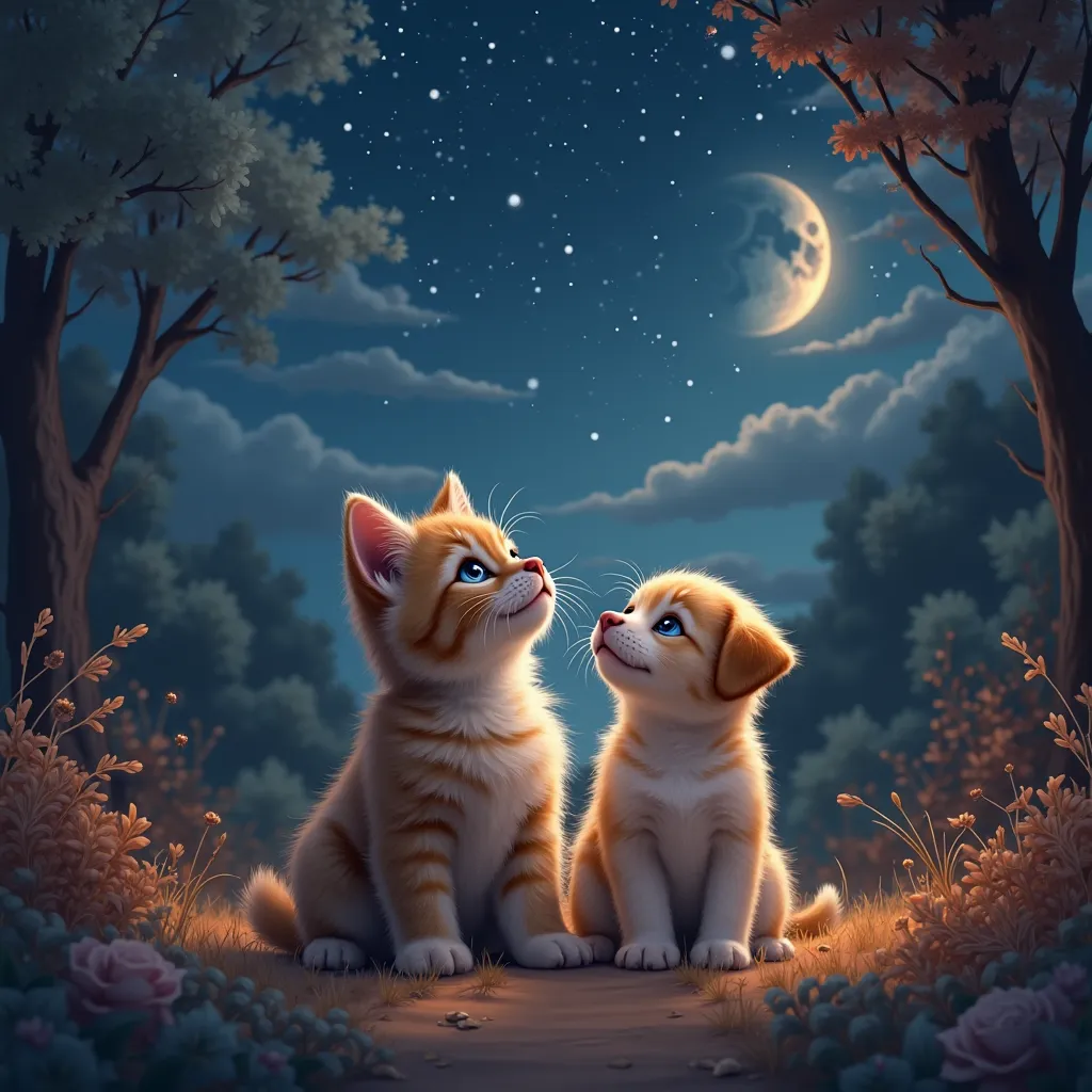 a kitten and a puppy sit side by side at night in a read place looking at the moon and the stars