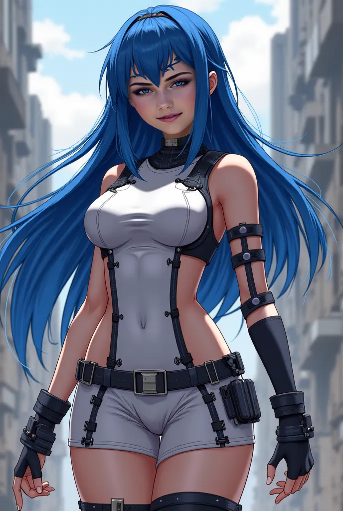 Esdeaht Akame Gakill long blue hair sexy short white combat dress and realistic cap 