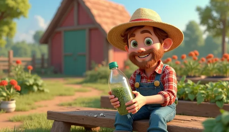 A friendly-looking farmer in a 3D cartoon style, wearing a straw hat, a plaid shirt, and jeans, is sitting on a rustic wooden bench. He is carefully separating seeds directly into a recycled PET bottle. The setting is a sunny farm with a small vegetable ga...