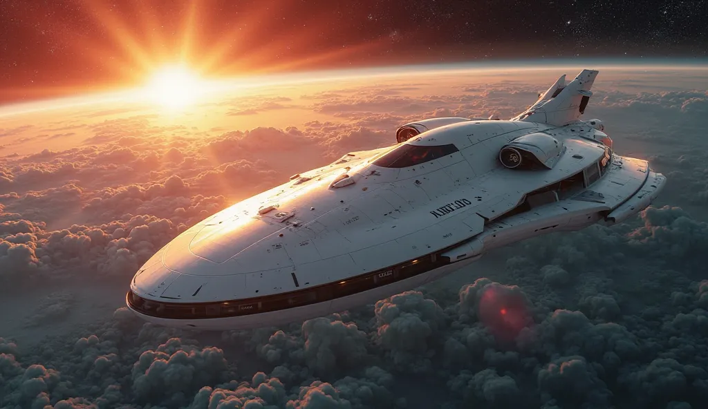 a realistic white spaceship with rounded edges hovering over a planet overlooking a sunset seen from space; hight resolution; 4k; cinematic lighting; subject not too close to the camera