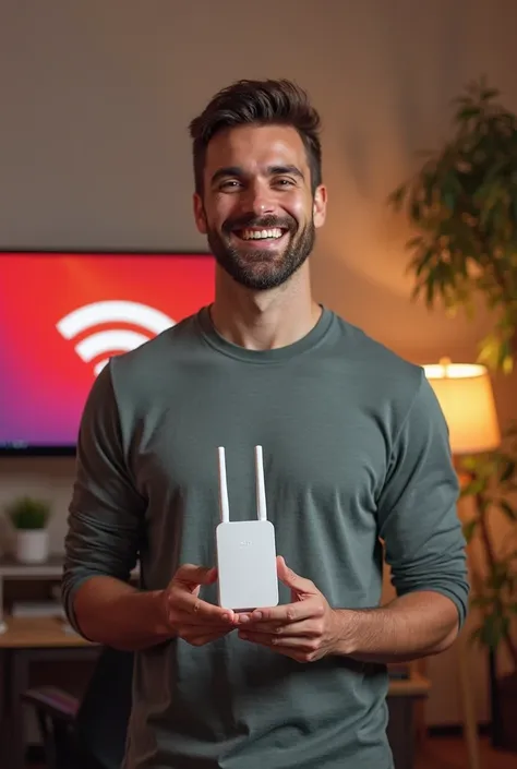 Un homme content davoir recu son repeteur wifi et son ordinateurs affichant un logo wifi rouge signifiant une mauvais wifi derière lui