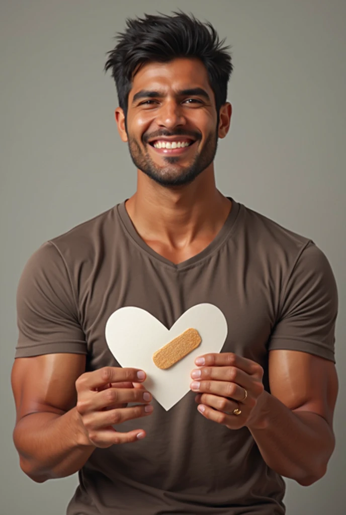 realistic full-body Latino serious white man smiling holding a paper heart with a band-aid