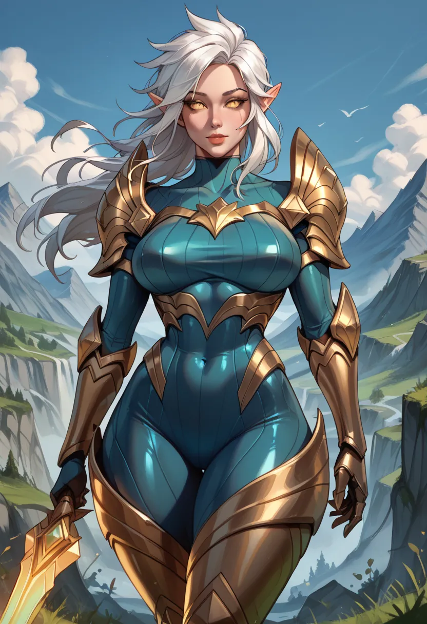 score_9, score_8_up, score_7_up, score_6_up, k4yle, kayle, 1girl, (long hair:1.2), pointy ears, yellow eyes, (large breasts:1.3), front view, white hair, bodysuit, armor, breastplate, shoulder armor, gauntlets, big ass, wide hips, mountainous background
