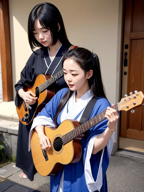 女性のMaster Pipa、 is obsessed with performing in a loose kimono、Blind Woman 、Blind Nun 、Japan&#39;s Heian Period、 Playing Biwa 、 morbidly white skin 、 Sitting on the Veranda of a Temple and Playing {x} Long Black Hair Gathered in the Back、Play ancient East A...