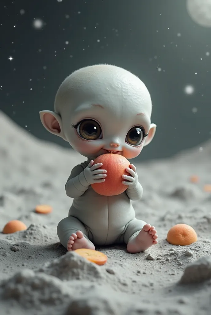 Cute chubby alien grey baby with wide eyes eating peach, background surface of the moon