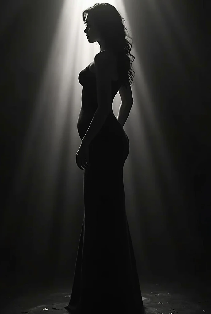 with full curves,  well detailed, just a silhouette in the shadow of a woman, woman standing, Female silhouette, ,  female body with details, Dark Shadow, dramatic lighting, contrast of light and shadow,  artistic portrait , photograph in shades of gray , ...