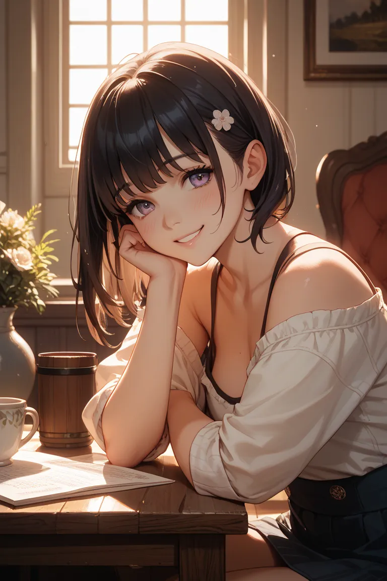  background is a simple room。A cute girl with black hair and a slightly smiling, dark atmosphere that seems withdrawn like an ISFP。The hair is long and has bangs。Late 20s。 B cup