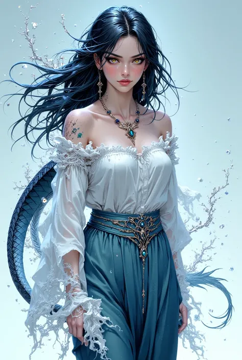 A tall, slender woman in a minimalistic manhwa style, with pale, almost bluish skin that shimmers under the light. Her piercing golden eyes hold an enigmatic depth, framed by long, wavy dark blue hair that flows effortlessly, as if still submerged in water...