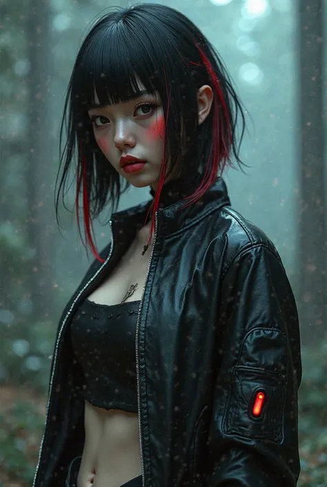 Jellyfish cut,bangs,Black hair with red accents and straight bangs, leather inner cloth, crop top liviton jacket, high short leader,
