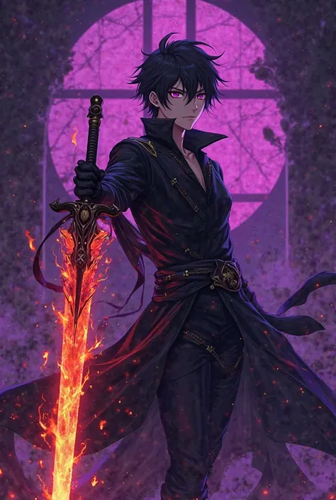 An anime man with black hair and purple eyes wearing a black costume
An anime sword with flames and a purple background with a cracked cross, official art, an art style for a demon slayer, holding a flaming sword, a glowing sword, a 3D blade!He holds a fla...