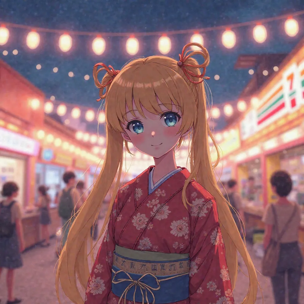 a colorful festival in the background of flashlights, beautiful androgynous, Yukata lace and velvet,  beautiful face ,  25-year-old woman, beautiful legs, light blue eyes, very happy face ,  shining golden hair, very long to the hips tied in two high pigta...