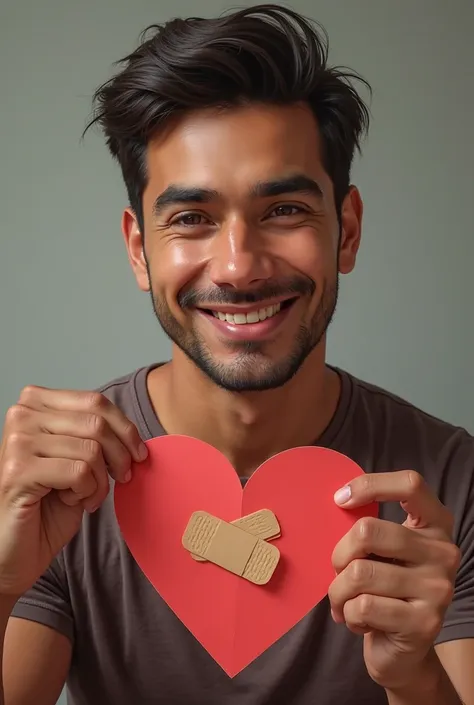 average realistic full body Latino serious white man smiling holding a paper heart with a band-aid