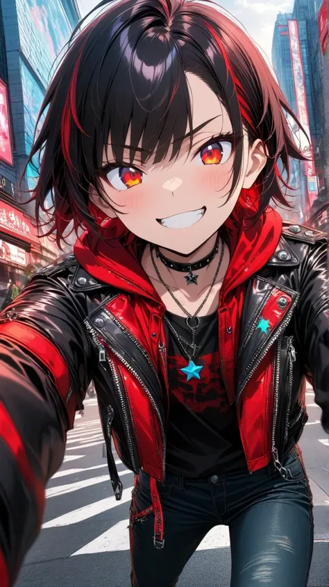 Anime boy, 16-18 years old, Asian features, taking a selfie,  with vibrant red and black hair styled in a spiked, cat-ear cut;  wearing a black leather jacket with red accents,  detailed with straps, metal zippers, and studs;  a black choker necklace, dark...