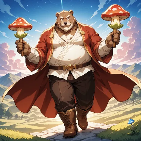 character focus, full body, looking away, dynamic angle, fantasy, musclegut middle-aged magical bear man, little smile, magical costume clothes, magical mushroom stick, magical robe, shirt, pants, boots, BREAK full body in Michelangelo Buonarroti style, pa...