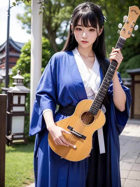 女性のMaster Pipa、 is obsessed with performing in a loose kimono、Blind Woman 、Blind Nun 、Japan&#39;s Heian Period、 Playing Biwa 、 morbidly white skin 、 Sitting on the Veranda of a Temple and Playing {x} Long Black Hair Gathered in the Back、biwa playing、big br...