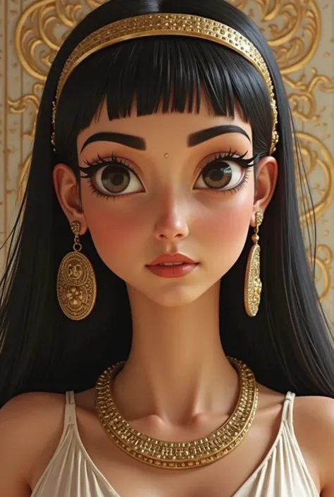 Cleopatra. Slightly elongated oval face with a harmonious and proportional facial structure, skin tone ranging from ivory to light gold, straight and glossy dark black hair, high and smooth forehead with a slight curvature, thick eyebrows arched and well d...