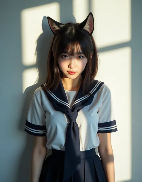 only shadows of normal beautiful girls in uniform have changed to sexy cat girls、The gap between reality and shadow、a beautiful girl in uniform illuminated by a strong spotlight、The shadows reflected on the white wall a little far away are clear and realis...