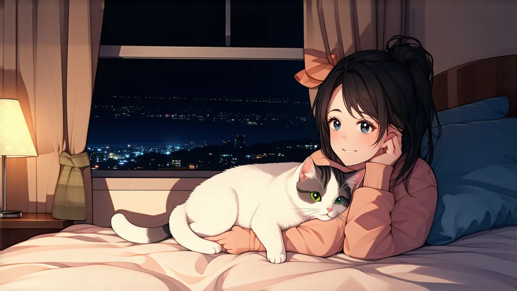 Girl and cat relaxing in a room with a night view