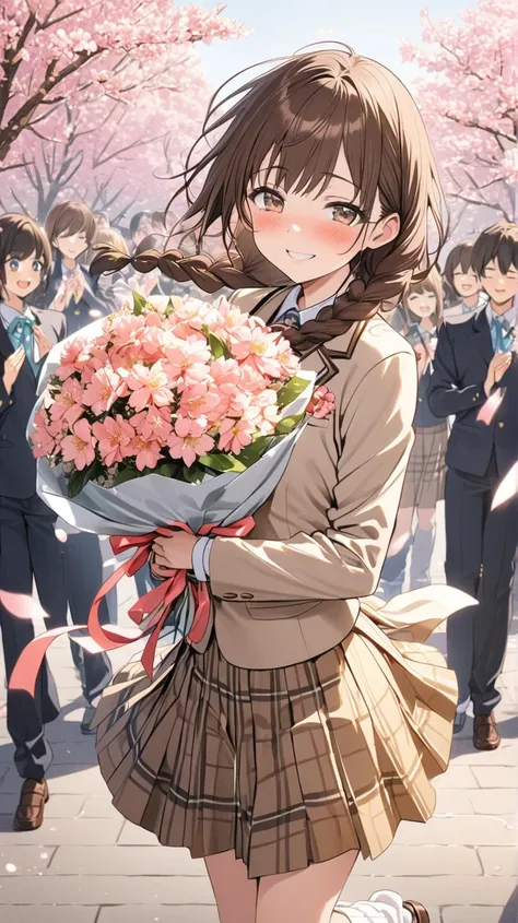 16K brown short braided high school girl with bangs, super delicate blazer, white check skirt, loose socks, loafers, school attendance background, cherry blossom dance, graduation ceremony, thin, smiling smile, moist eyes, blushing graduation congratulatio...