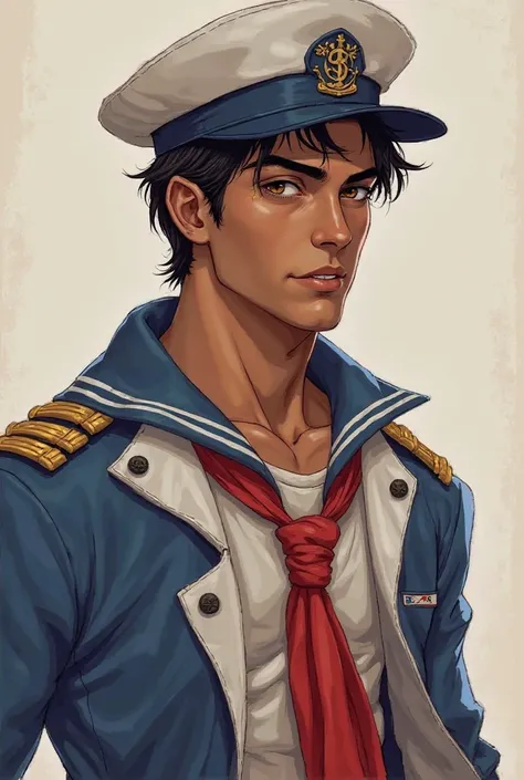 Beautiful sailor smelling,seductive, male background,man,bronze-colored brown eyes, Sailor's clothing, Sailor's hat ,you wear blue white and red,olhar seductive,looking at the camera