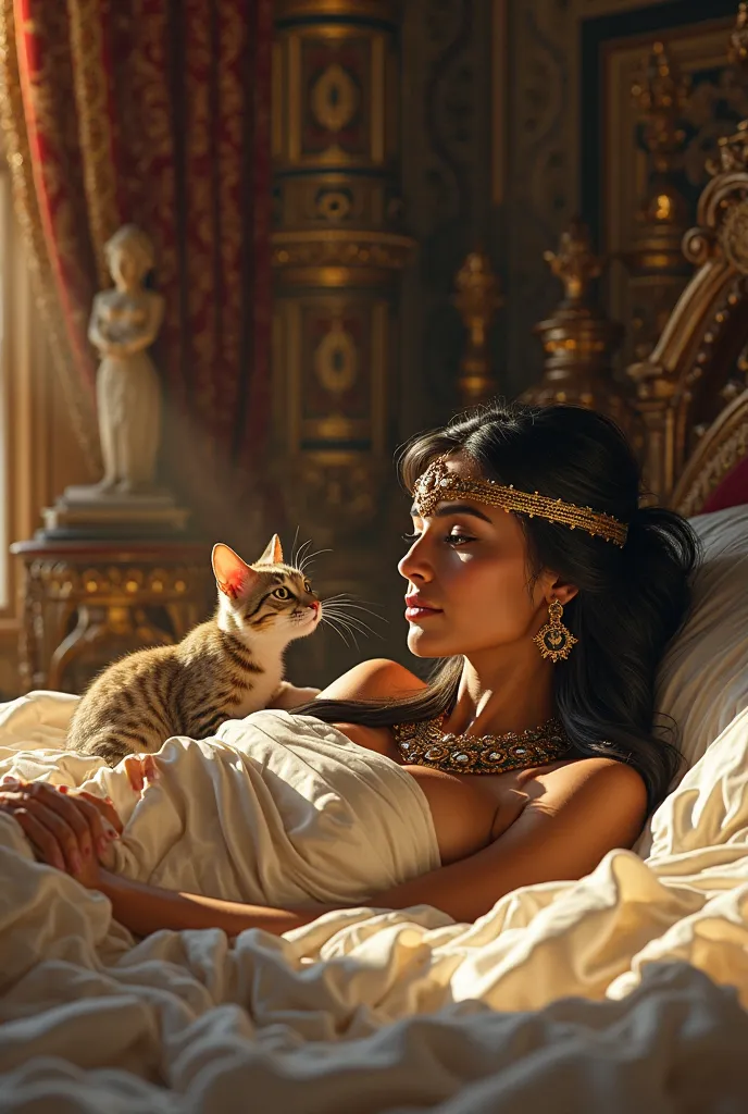 POV I'm Cleopatra and I woke up with my naked cat licking my hand. Realistic first-person image