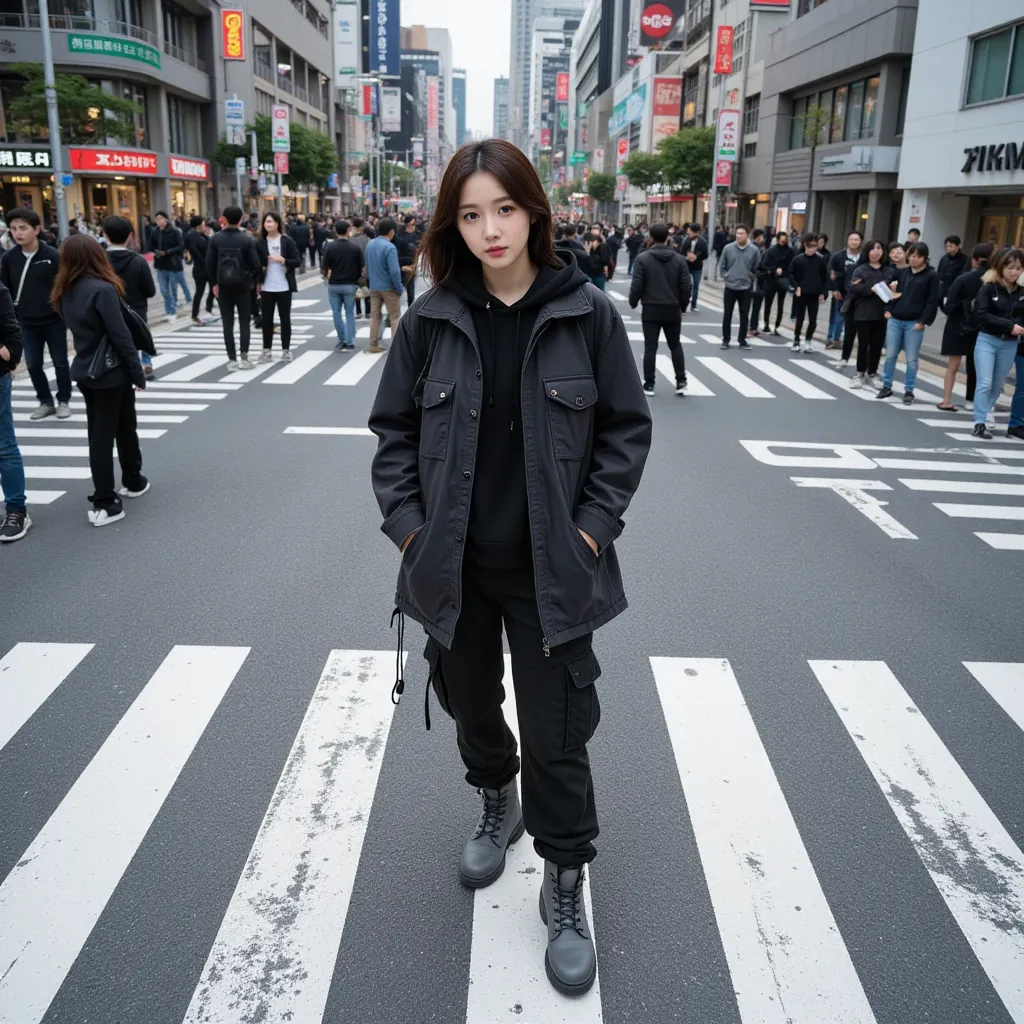 Photography, high aerial view, korean woman model, standing on massive a complicated crosswalk center inspired by shibuya scramble, stare into the camera, wearing techwear black washing safari jacket with black color thick hoodie, black washing cargo jogge...