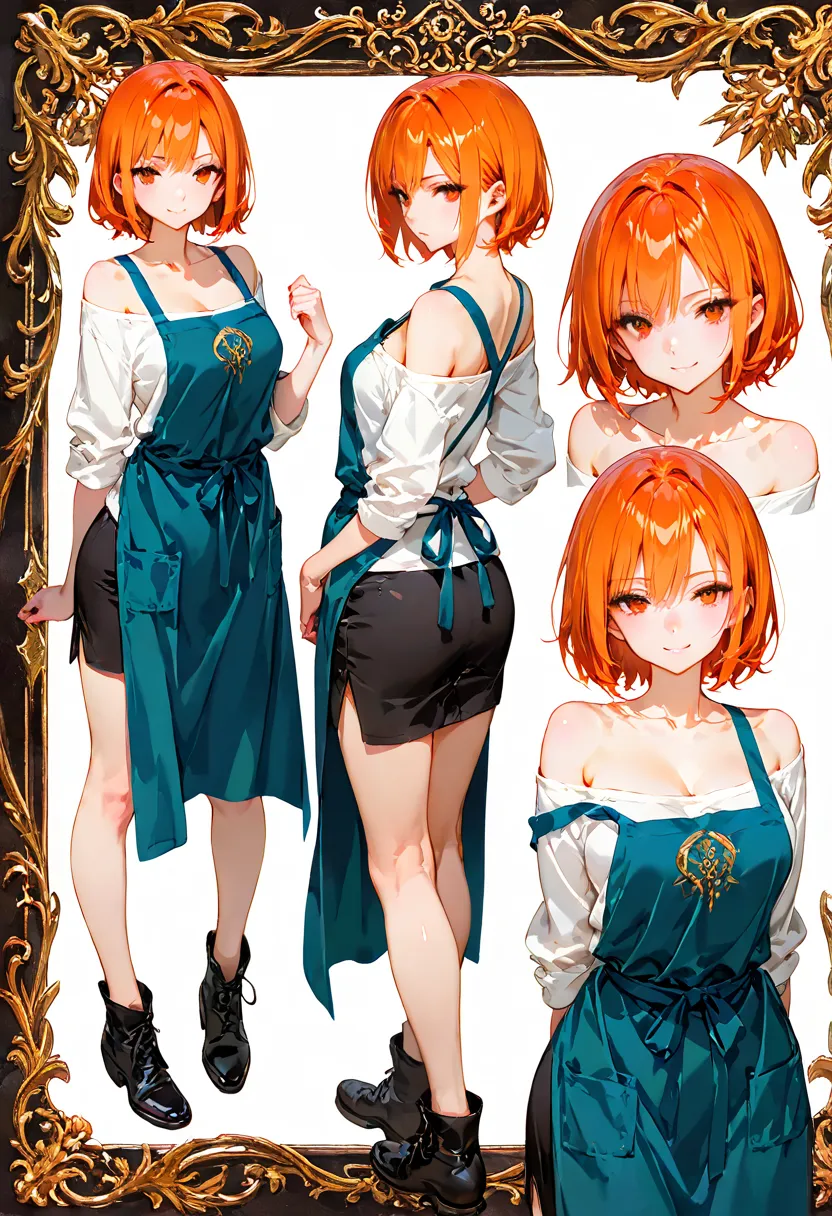 masterpiece, best quality, woman, with motif of phoenix, evil smiling, standing, looking at viewer, Vtuber, short hair, orange hair, off shoulder top, apron, white background, character sheet, hyper detailed, anime, (hard-edged:1.4), golden ratio, highly s...