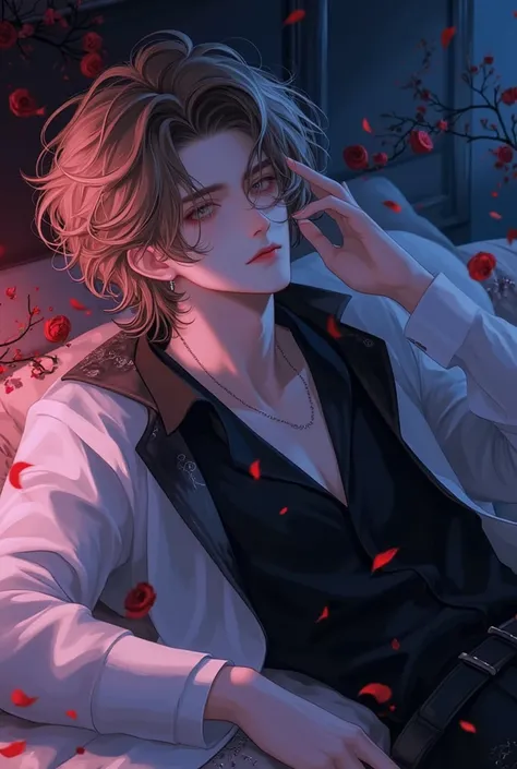 A beautiful villain man falling into darkness in an animated illustration、Dark King 、 beautiful and handsome 、  bright background  、 colorful background 、hope、good night、 kindness 、light、 expressionlessで睨む、 Black Rose 、僕は君をgood nightしてるよ、20 years old、 expr...